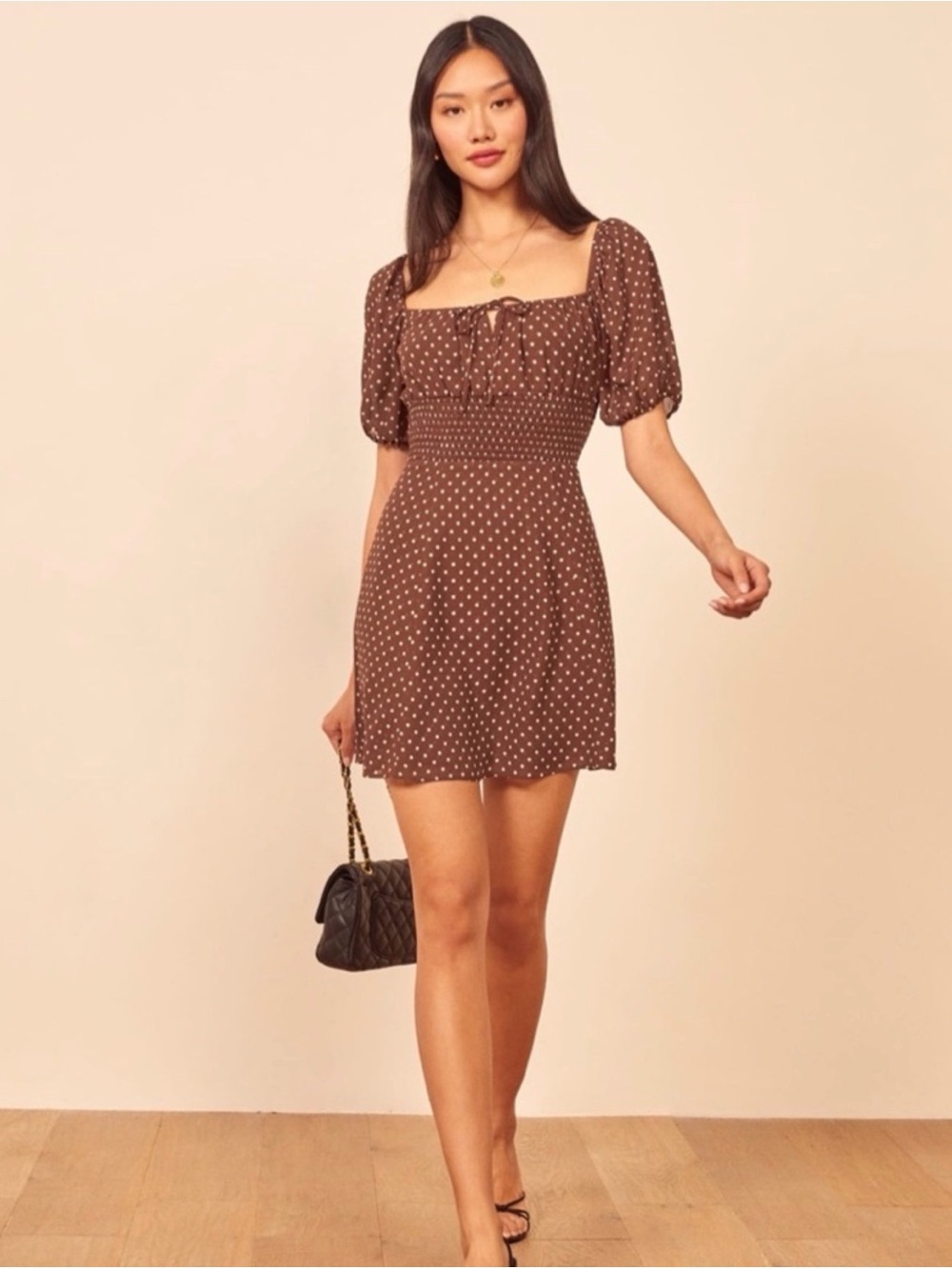 Reformation Brown Polka Dot Smocked Mini Dress